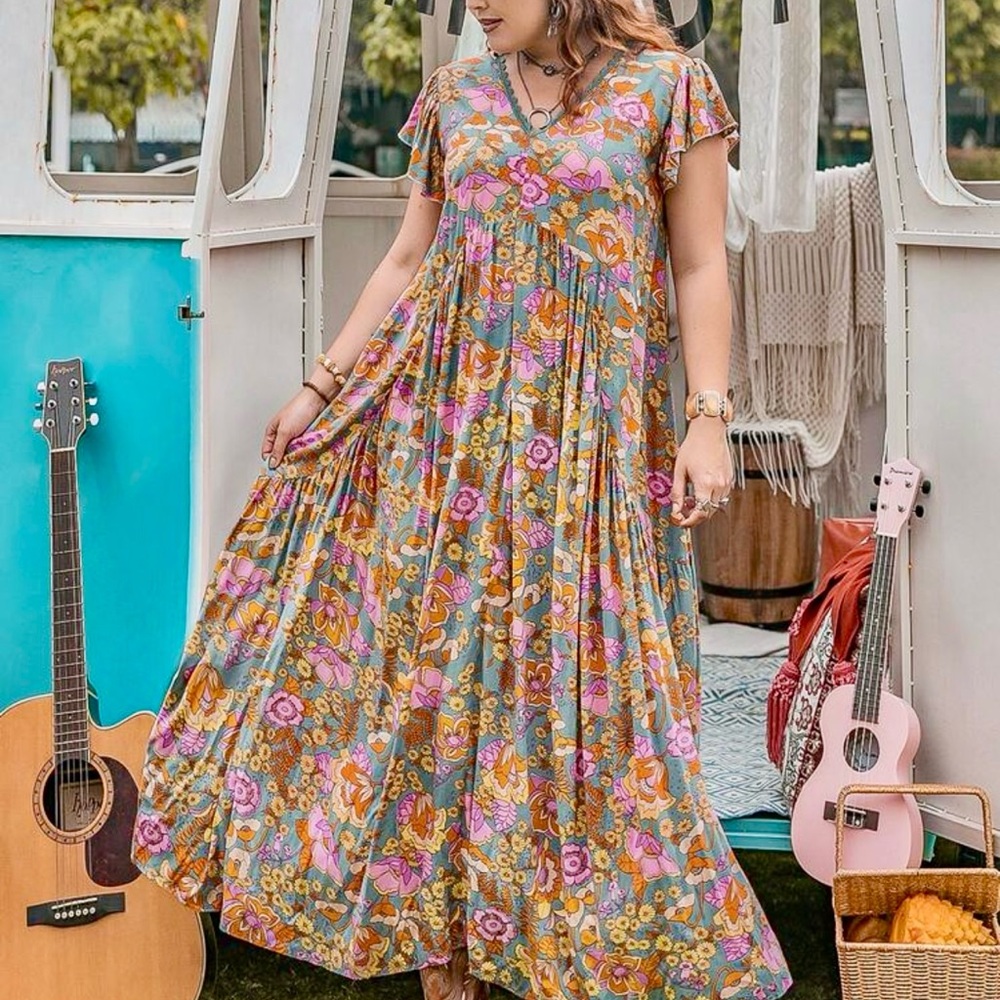 Vibrant Floral Maxi Dress with V-Neck